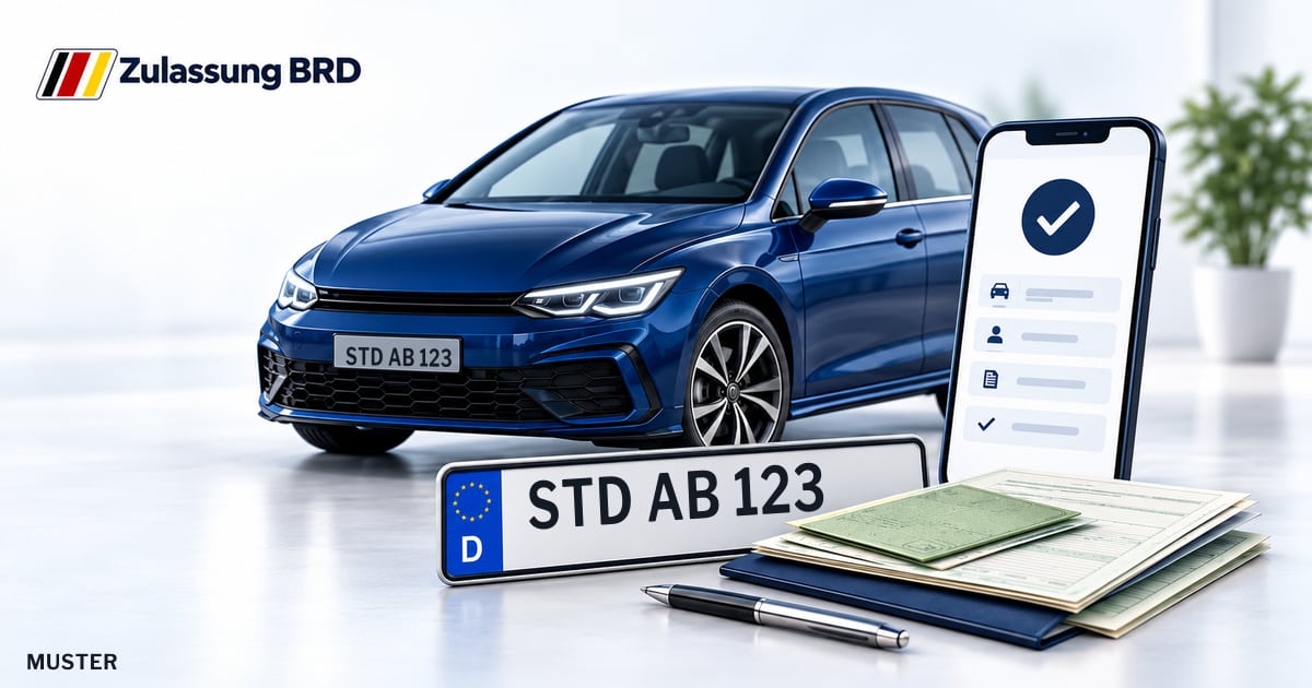 Online Fahrzeugzulassung in Stade: Musterkennzeichen STD AB 123, Auto und Fahrzeugpapiere und Smartphone. Illustration mit Logo von Zulassung BRD.